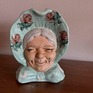 Vintage Lady Face Ceramic Pitcher or Planter, Green White Cottage Decor